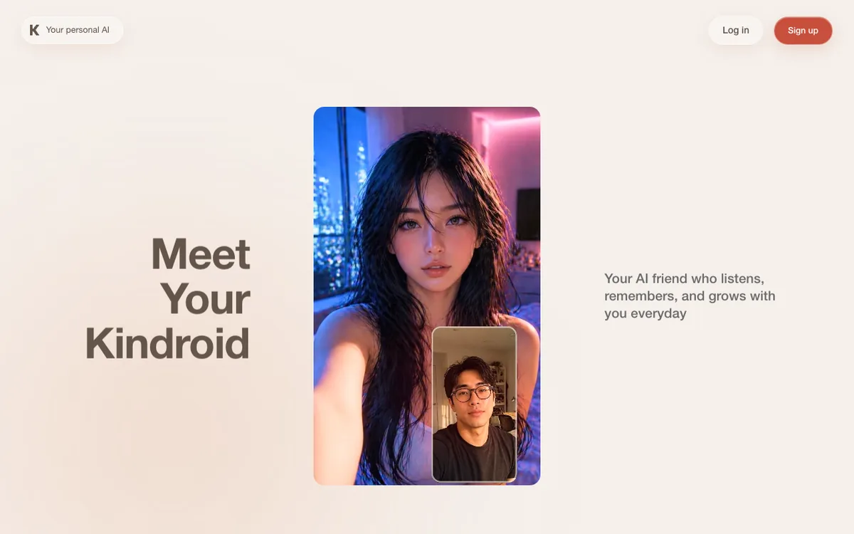 Silicon Valentine screenshot of the Kindroid homepage, October 12, 2026